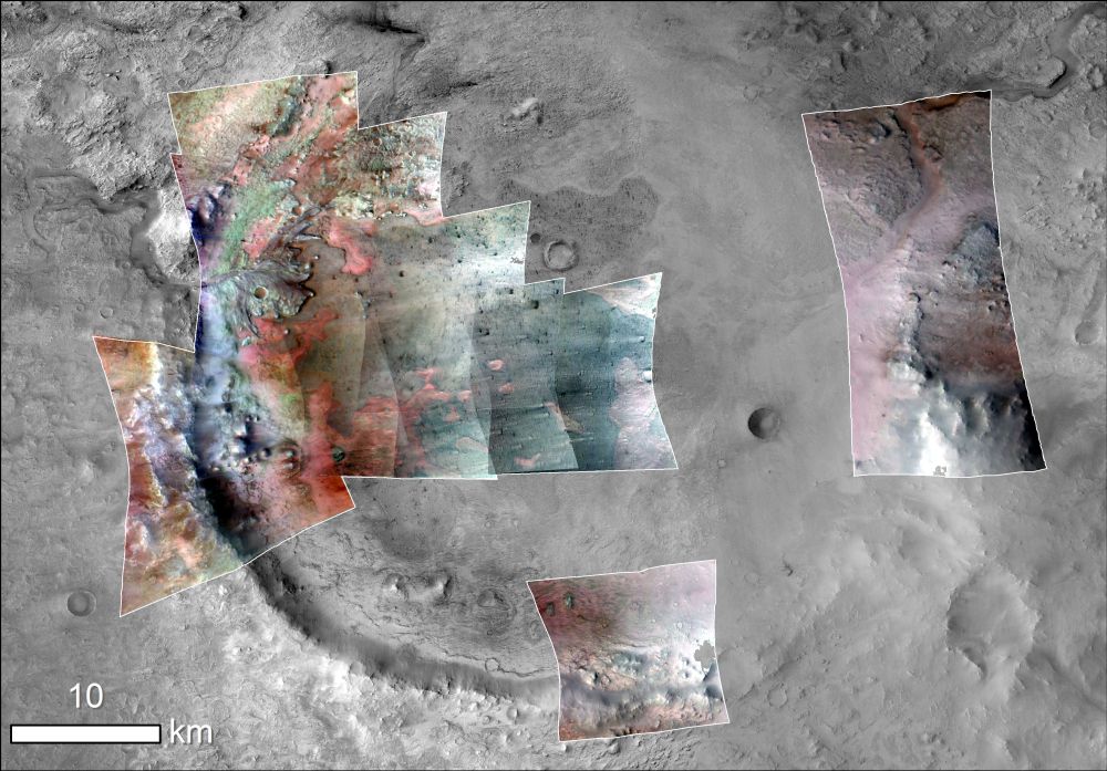 CRISM image of Jezero crater, green indicates carbonates. (NASA/JPL-Caltech/MSSS/JHU-APL/Purdue/USGS)