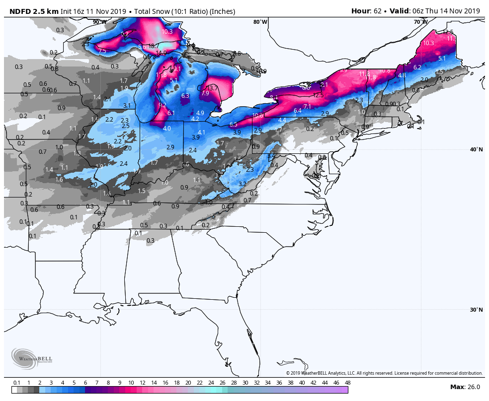 The National Weather Service's Wednesday night forecast snowfall. (WeatherBell.com)