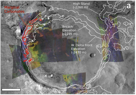 Marginal carbonates are outlined in red. (NASA/MRO/ Horgan et. al. 2019)