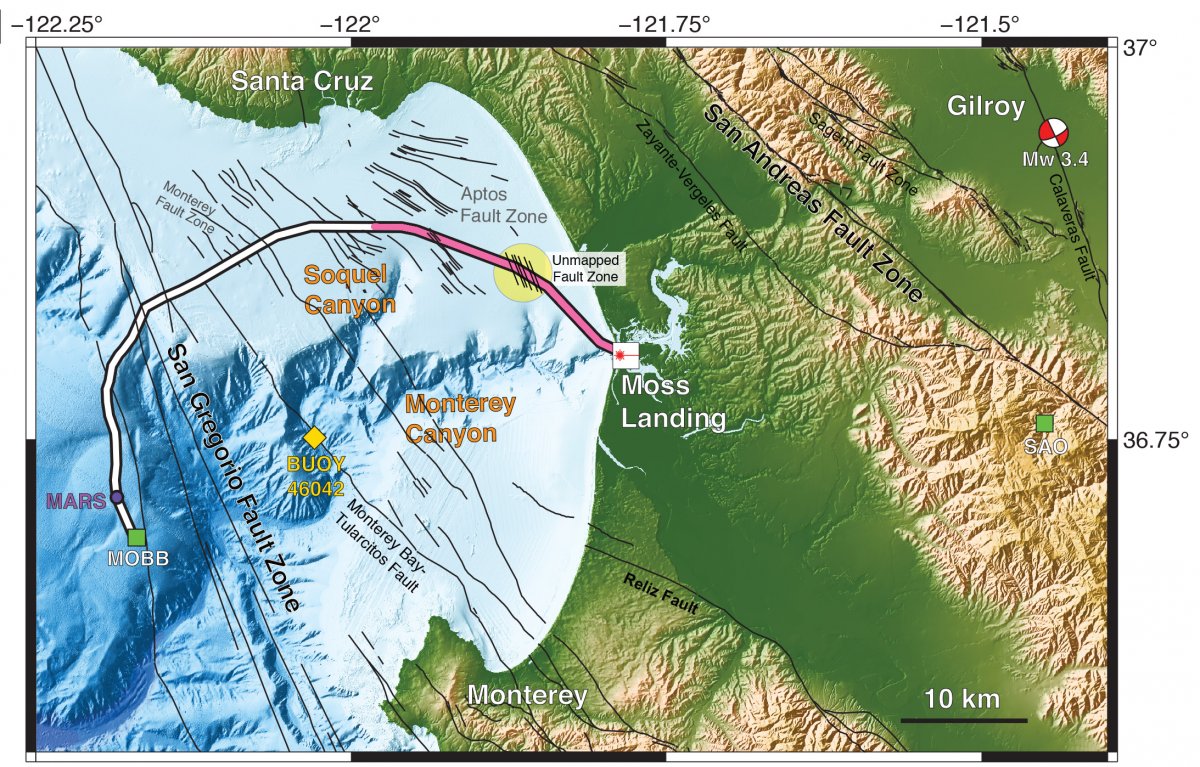 MARS cable in Monterey Bay with pink portion used for sensing. (Lindsey et al., Science, 2019)