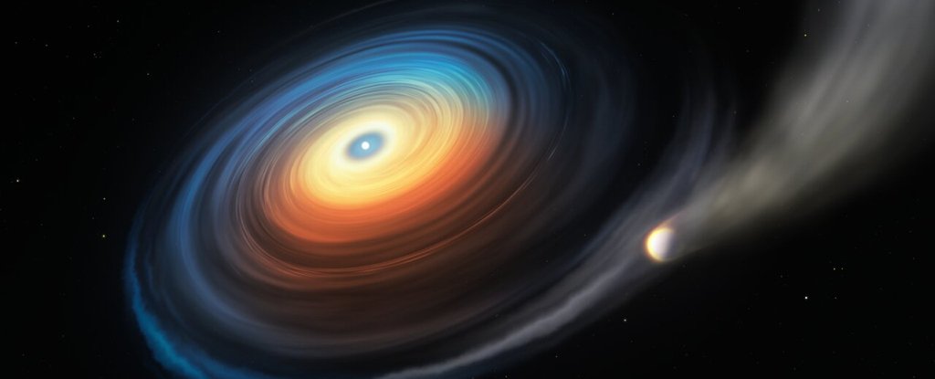 Artist's impression of WDJ0914+1914 and its evaporating exoplanet 