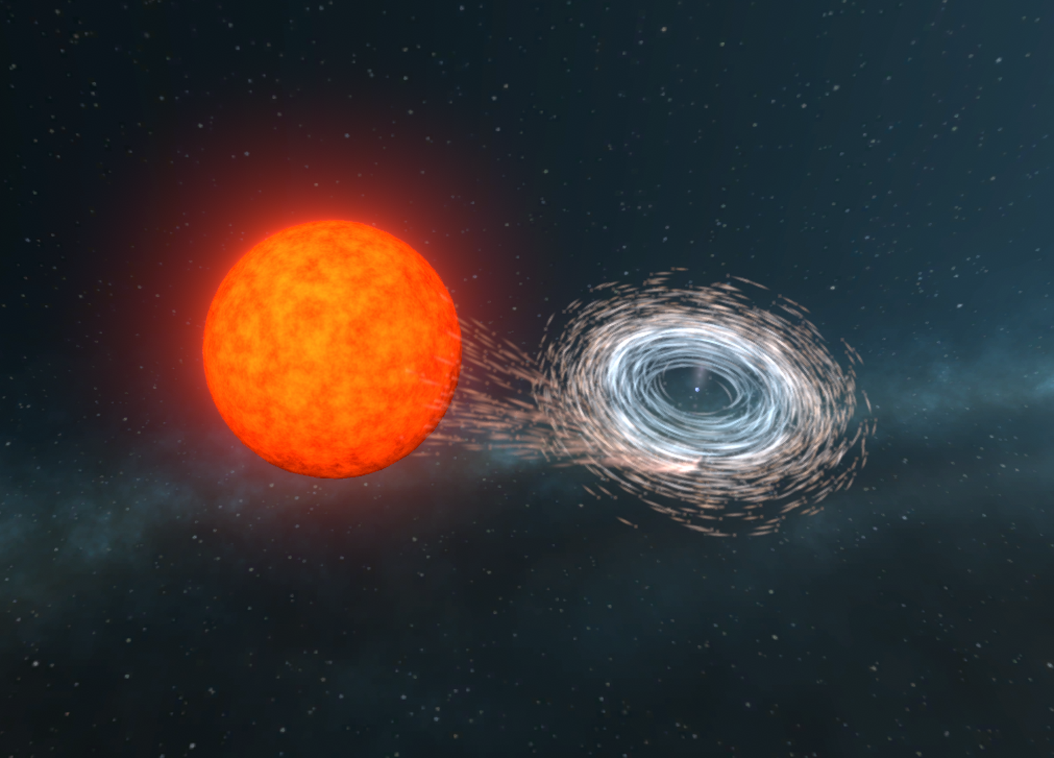 Illustrazione di un nano bianco scagliato dal trasferimento della materia dal suo compagno. (ARC Center of Excellence for Gravitational Wave Discovery)