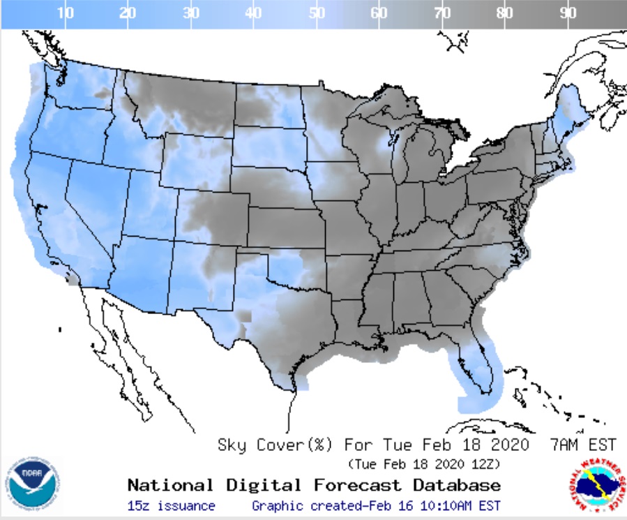 Cloud cover prospects for the US Tuesday morning. (NOAA/NWS)