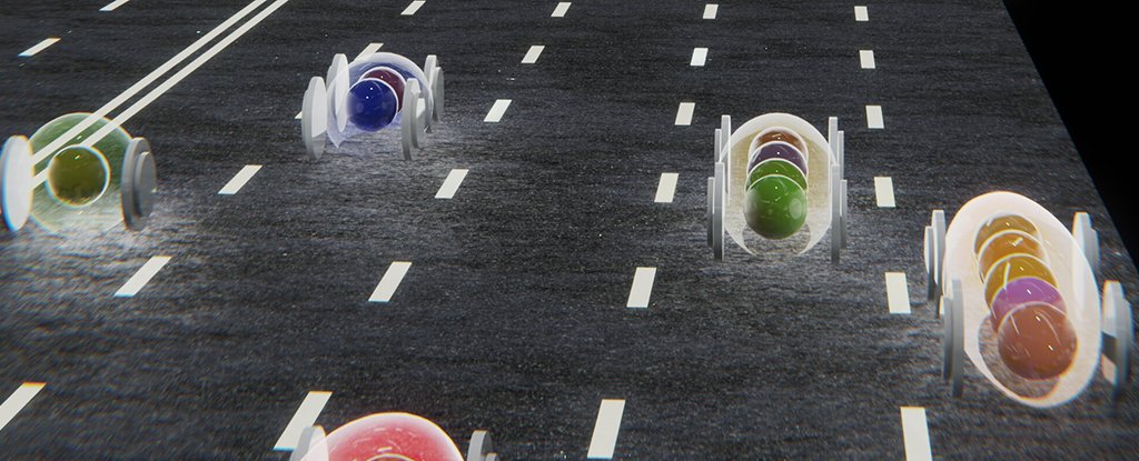 An illustration of electrons grouping together in movement.