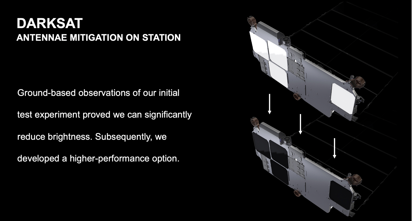 By darkening their satellites, SpaceX seeks to lower reflectivity. (SpaceX)