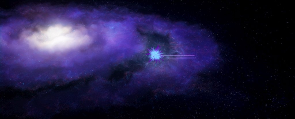 Artist's interpretation of a fast radio burst leaving its source galaxy. 