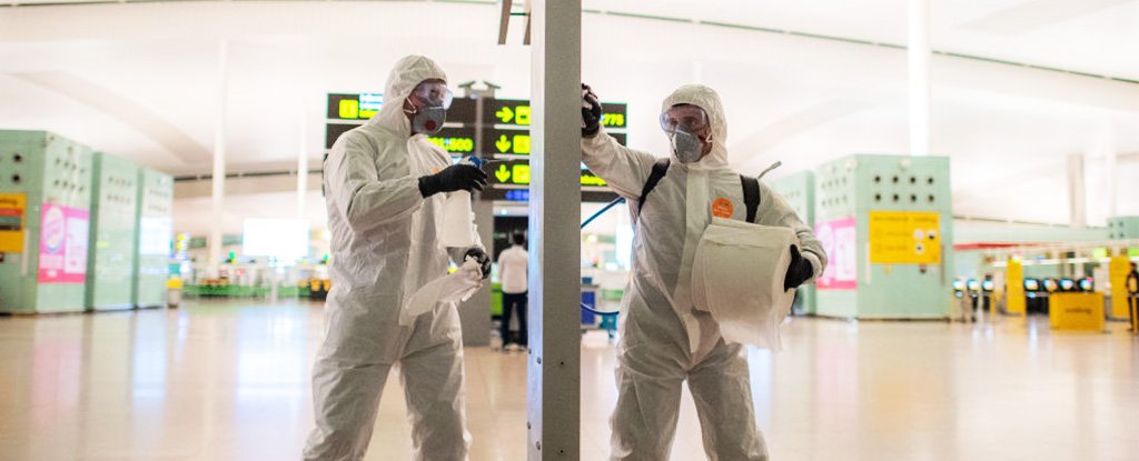 Soldiers disinfect airport terminal in Barcelona, Spain, March 19. 