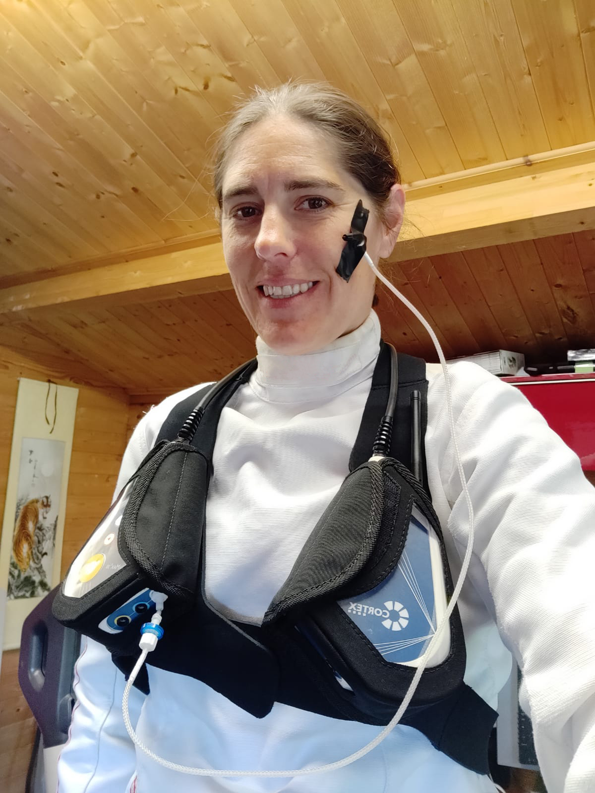 Lindsay Bottoms wearing an adapted gas analyser. (Author provided)