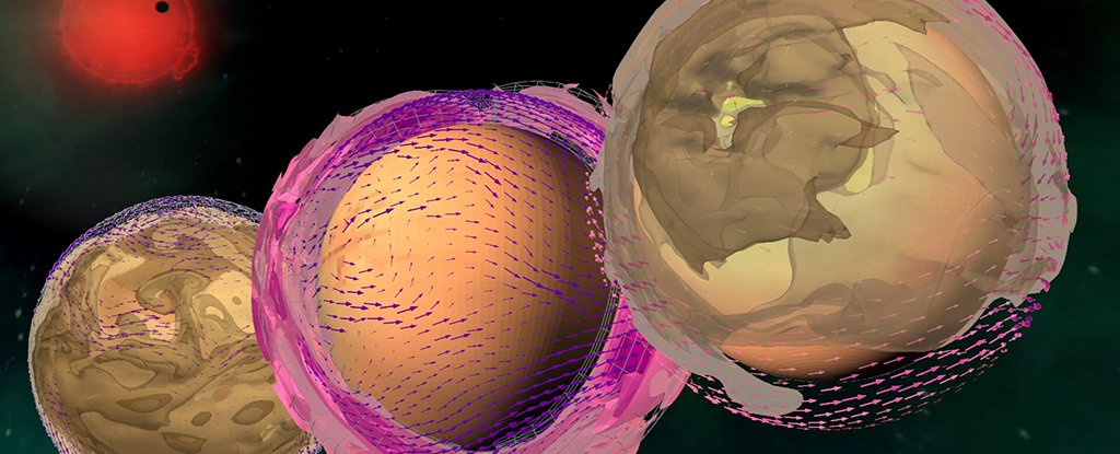 Three computer simulations showing dust picked up by winds.