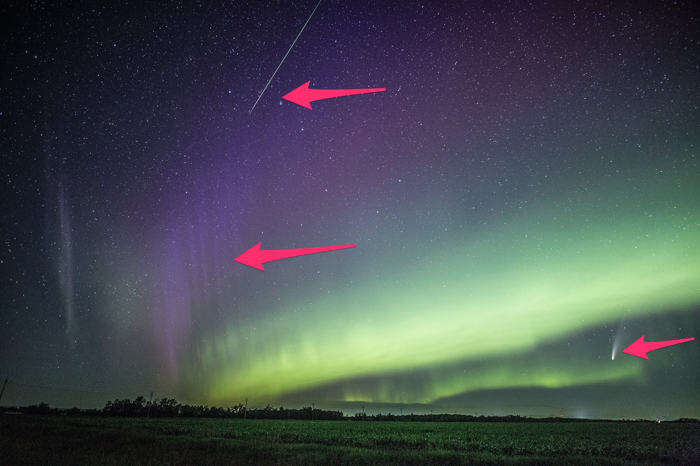 Arrows point to the meteor (top), STEVE (left), and Comet Neowise. (Donna Lach)