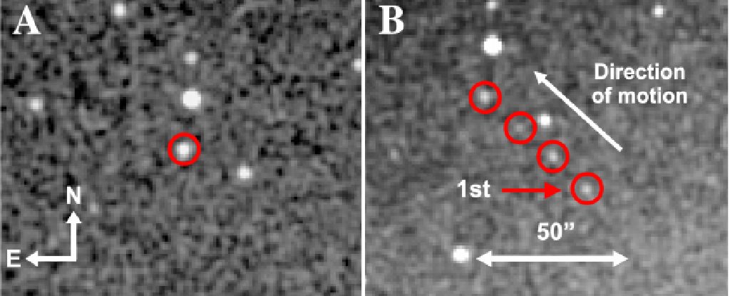 Figure shows some of the images of 2020 AV2. All the red circles are 2020 AV2 at different times. 

