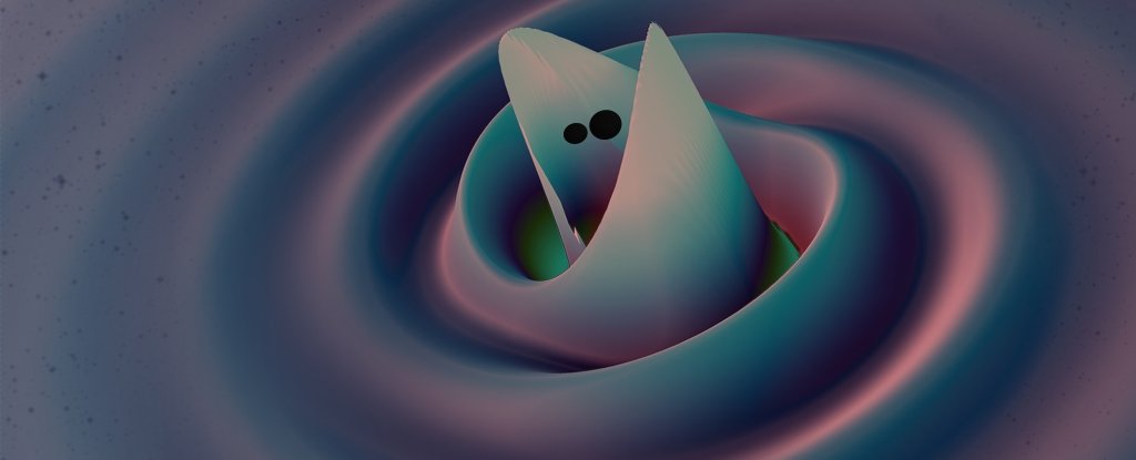 Simulation of gravitational waves rippling out of pre-merger inspiral. 