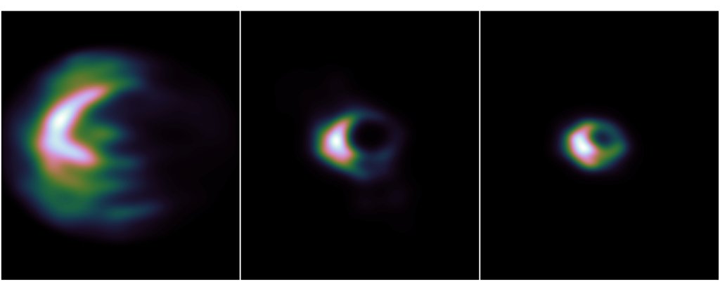 L-r: A non-rotating black hole; a rotating black hole; a boson star as they'd appear to the EHT. 