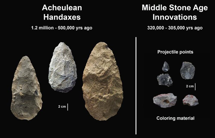 Three Achulean handaxes are positioned next to five, much smaller, stone projectiles from the Middle Stone Age.