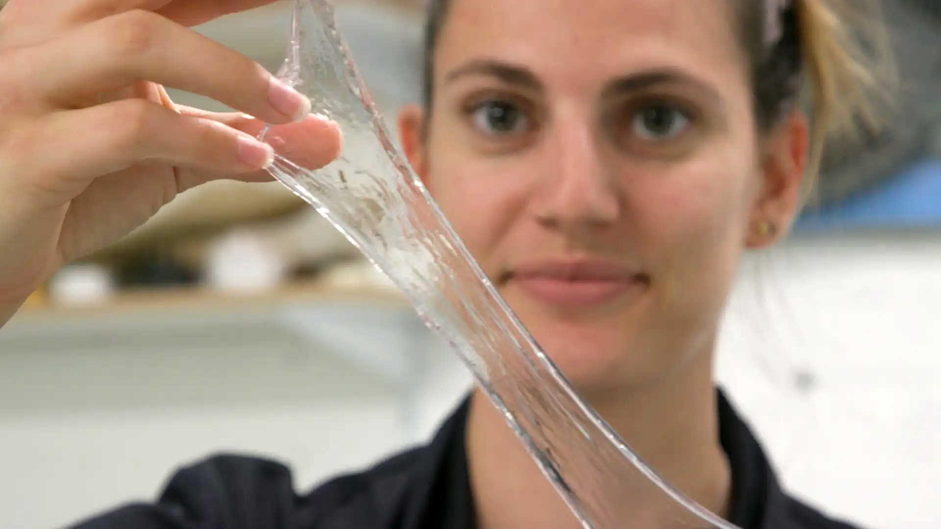 Gooey membrane that hardens into plastic-like material. (Claire Price/Business Insider Today)