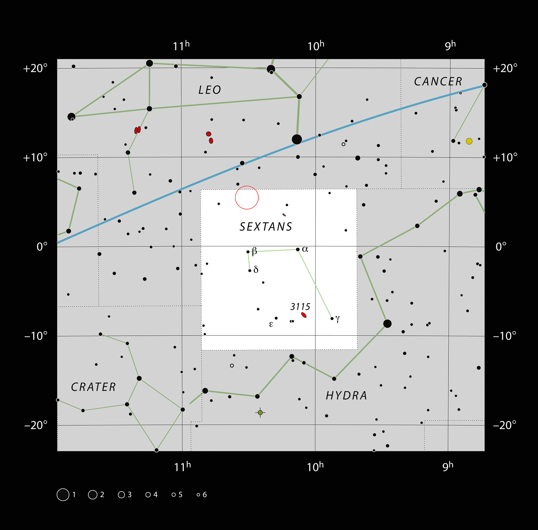 The location of the quasar (red circle) in the constellation of Sextans. (ESO/IAU Sky & Telescope)