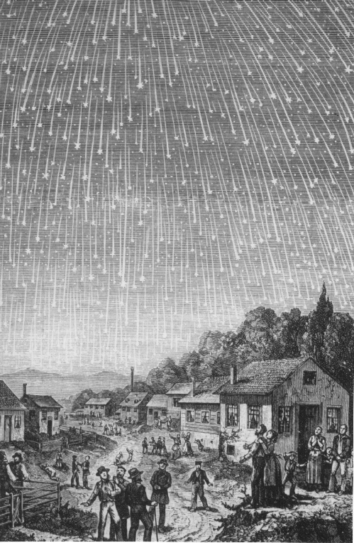 1889 depiction of the 1833 Leonids, based on a first-hand account of Joseph Waggoner. (Adolf Vollmy/Public Domain)