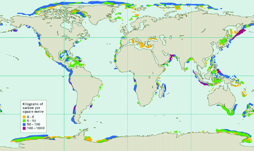 Estimated methane hydrate occurrences in the world. (World Ocean Review/Wallmann et al)