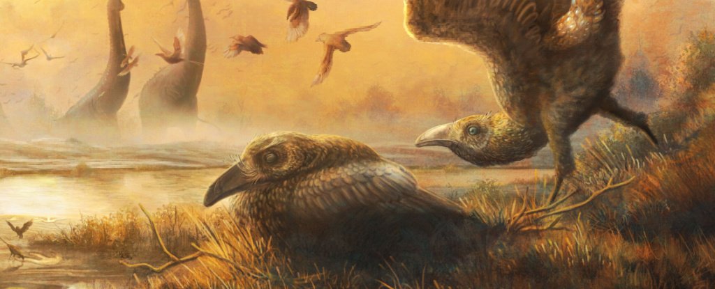 Illustration of Falcatakely forsterae alongside dinosaurs.