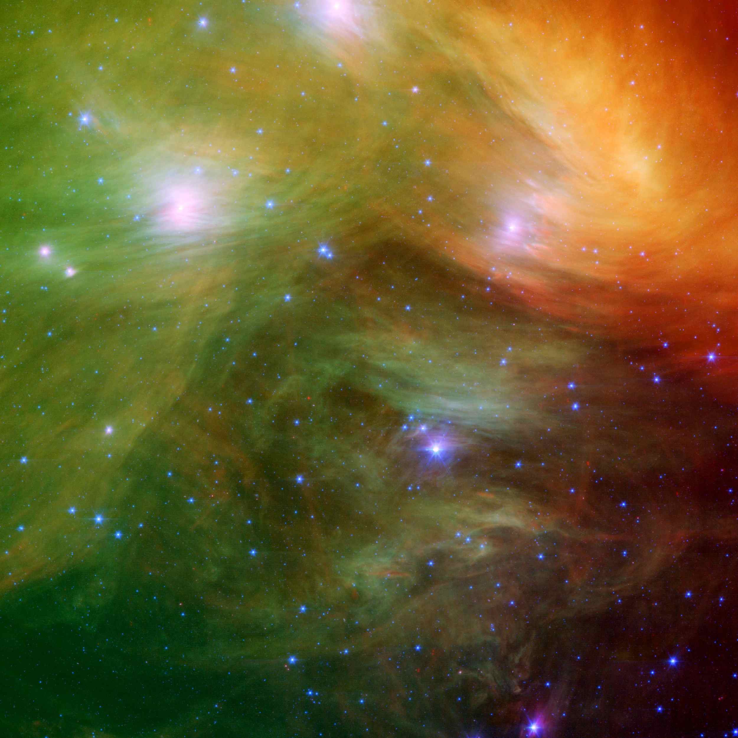 The Seven Sisters, also known as the Pleiades star cluster, in infrared. (NASA/JPL-Caltech)