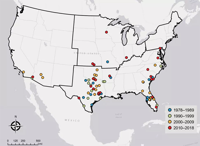 mapa de n casos Fowleri nos Estados Unidos