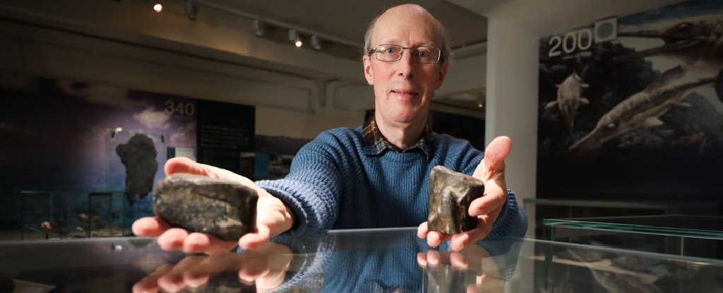 Mike Simms with the theropod tibia 