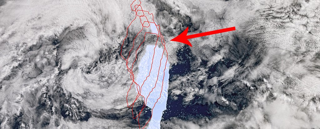 Broken iceberg on 20 December; lines show Dec 17, 18, 19 position.  