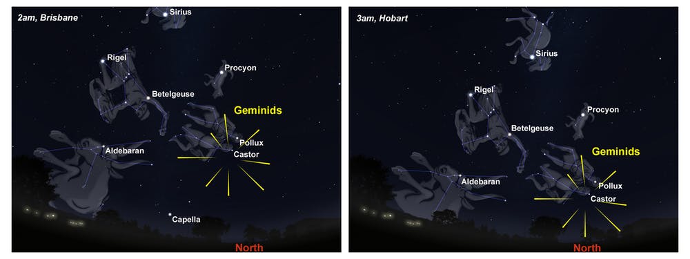 An illustration shows the Geminid meteors over the skies of Brisbane and Hobart in 2021