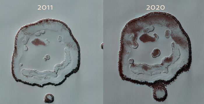 A side-by-side comparison of Mars's happy face crate in 2011 and 2020.