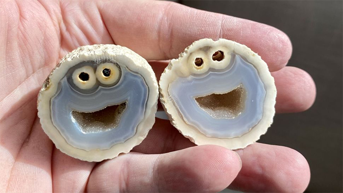 Agate rock cut in half to reveal cookie monster's face