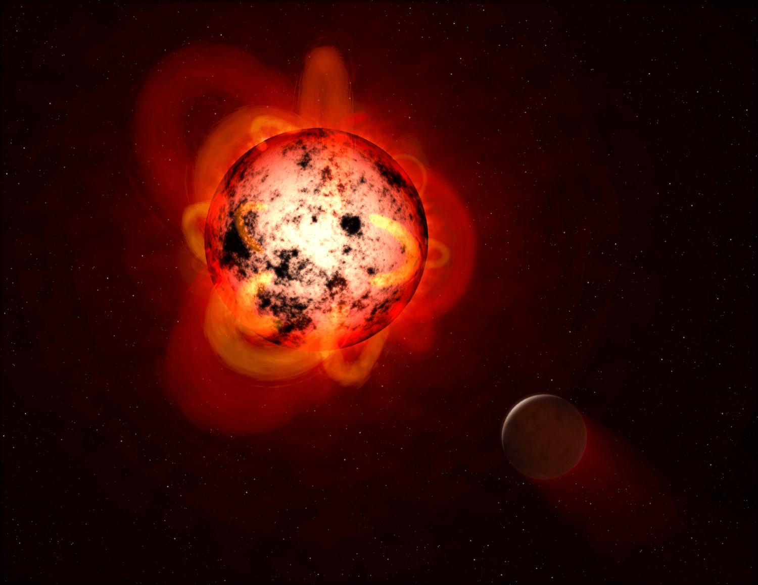 Art of a flaring red dwarf star, orbited by an exoplanet. (NASA/ESA/G. Bacon/STScI)
