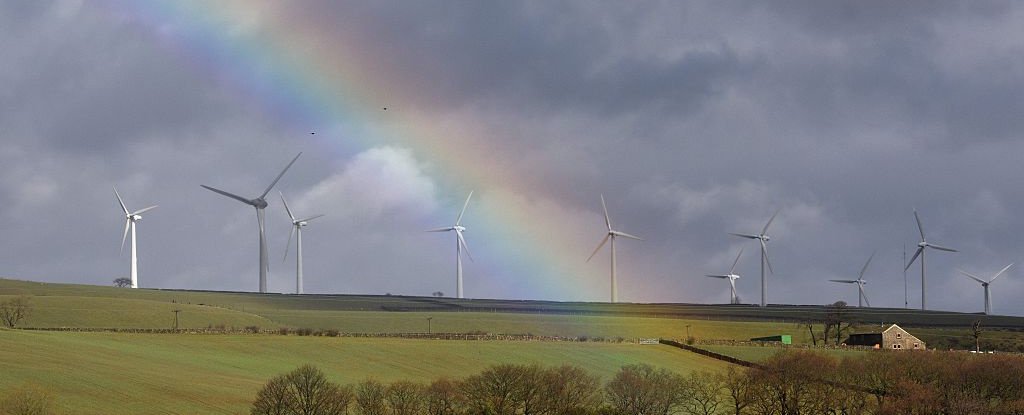 A rainbow over a windfarm in Wortley, near Sheffield in 2016. 