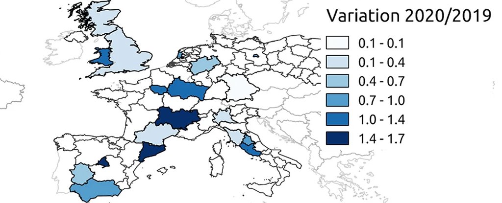 Variation in users discussing pneumonia between last and previous winter. 