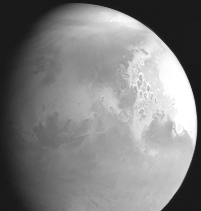 Tianwen-1's first photo of Mars shows the planet in black and white.