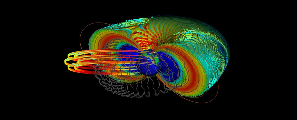 Illustration of the Van Allen belts, with electron trajectories in grey. 