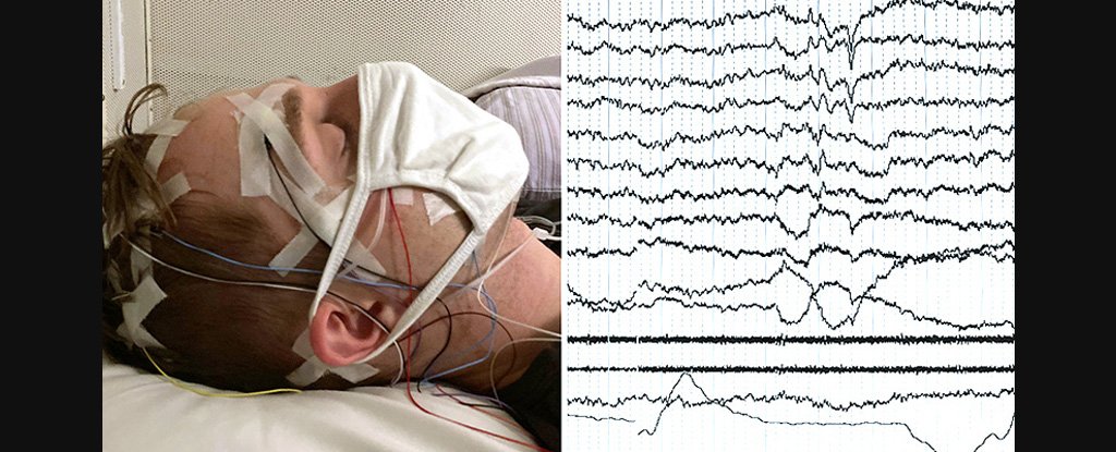 A participant asleep in the lab, with brain and eye signals on the right. 