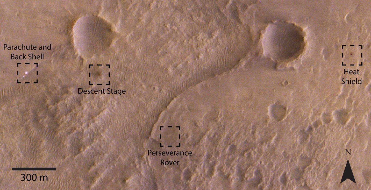 Close-up of Perseverance and mission elements in the Jezero crater. (ESA)