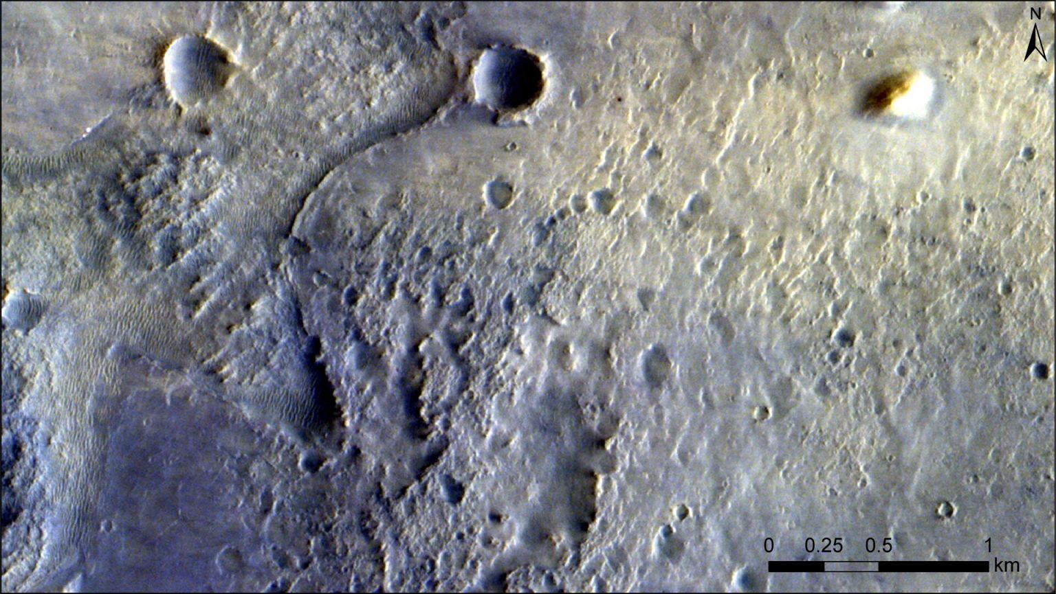 ExoMars orbiter images Perseverance landing site pillars. (ESA)
