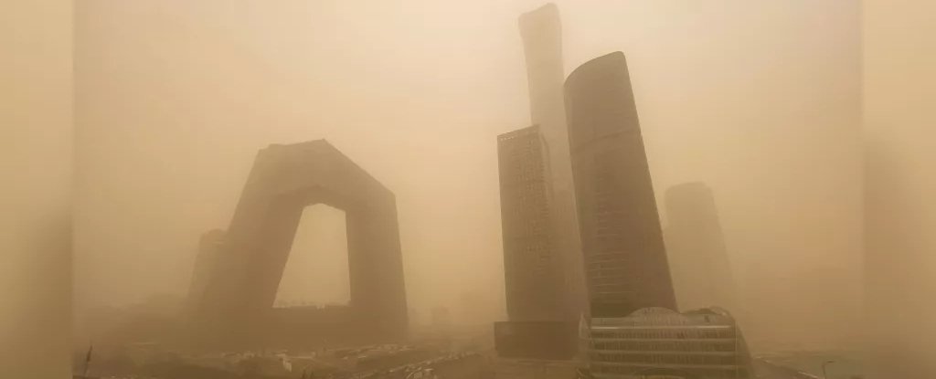 Beijing's CBD buildings disappear from view behind the airborne sand. 