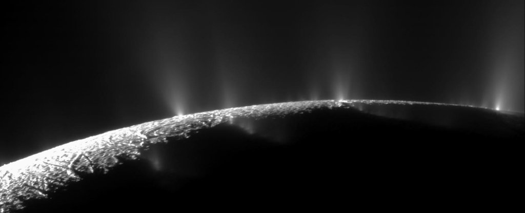 Geysers on Enceladus, imaged by Cassini. 