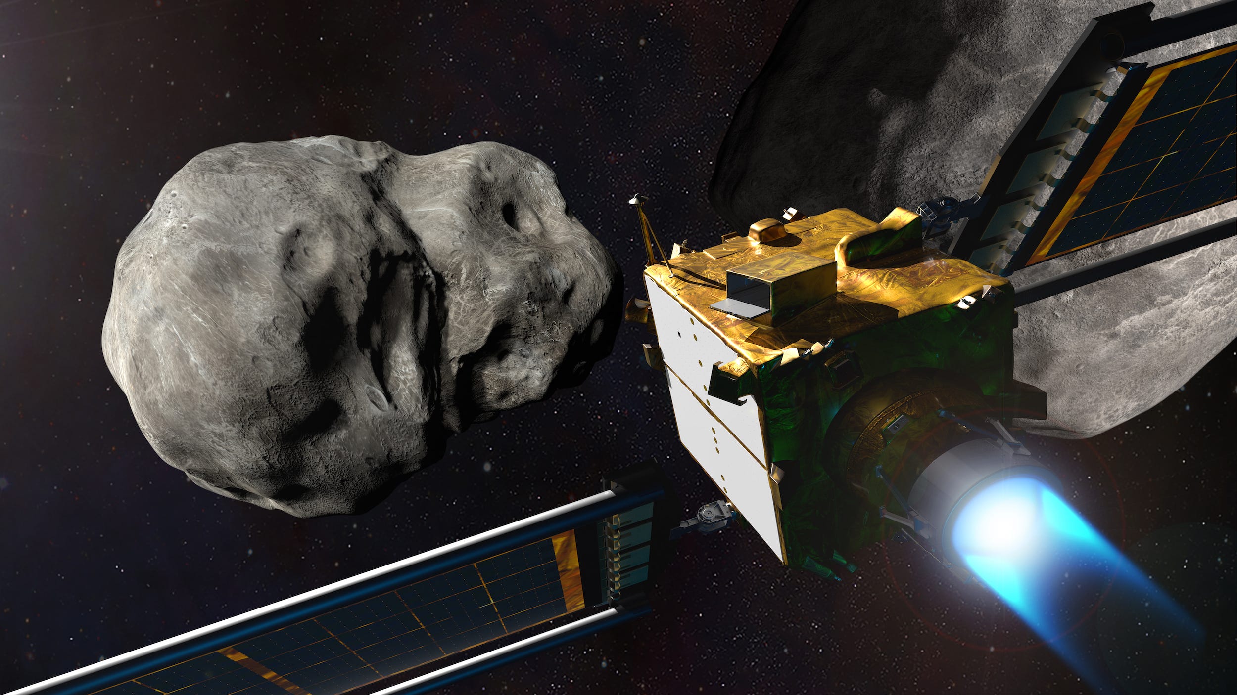 An illustration of the DART spacecraft near an asteroid. (NASA/Johns Hopkins APL)
