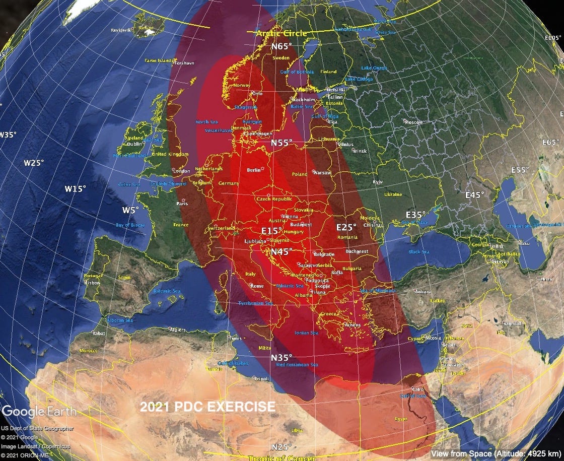 Predicted impact region for 2021 PDC on Day 2 of a NASA-led asteroid-impact simulation. (JPL/NASA)