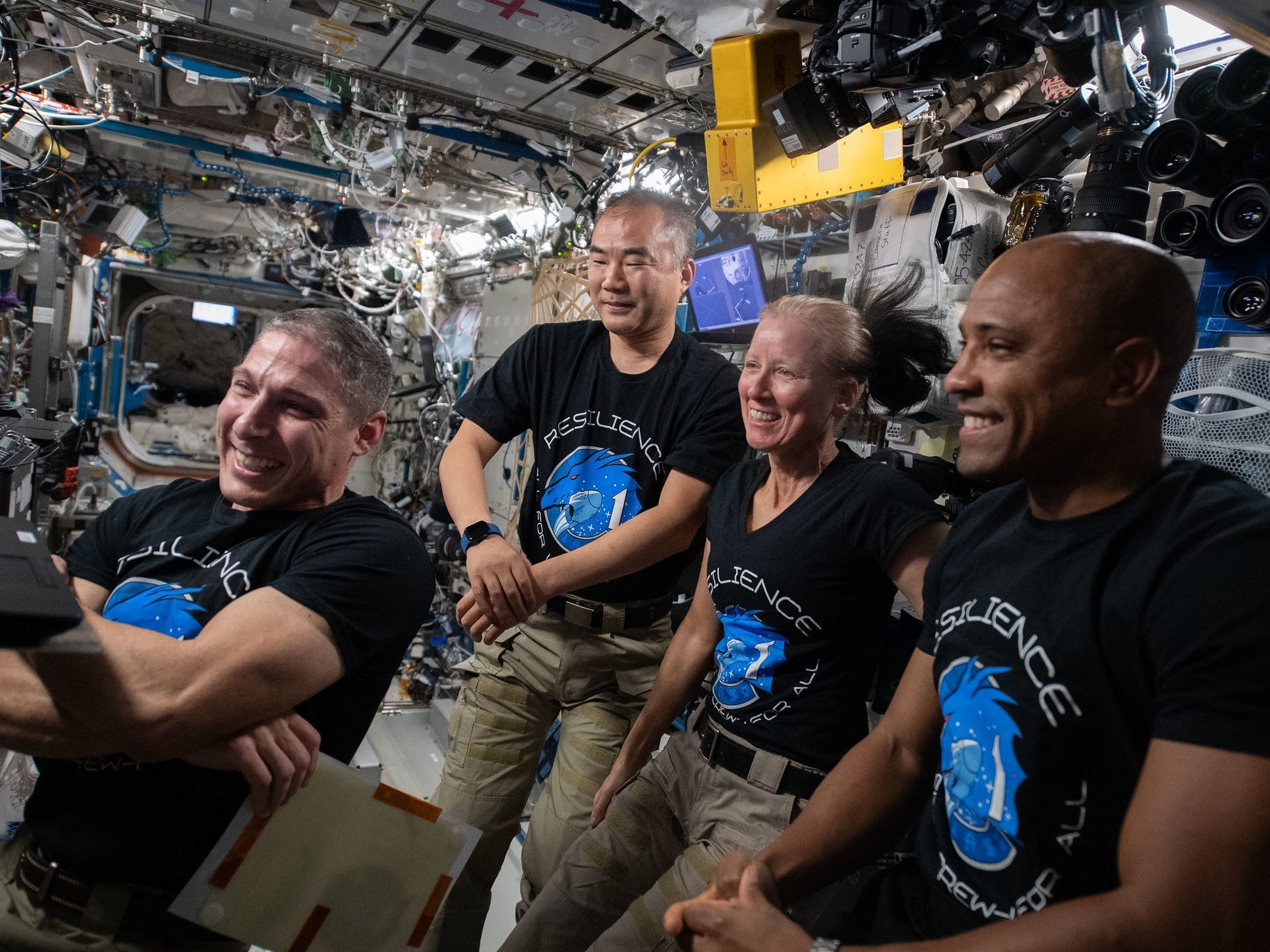 Mike Hopkins, Soichi Noguchi, Shannon Walker, and Victor Glover joining a video conference, 7 February 2021. (NASA)