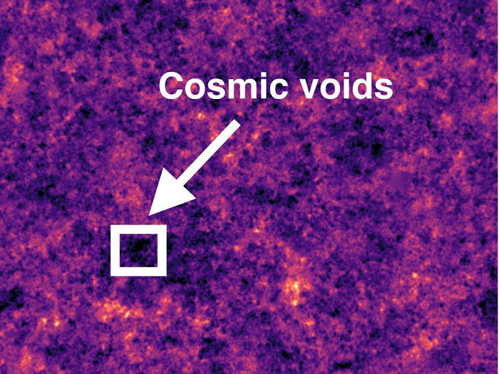 A zoomed-in view of the Dark Energy Survey's dark matter map with a white arrow pointing to a black spot and the phrase 