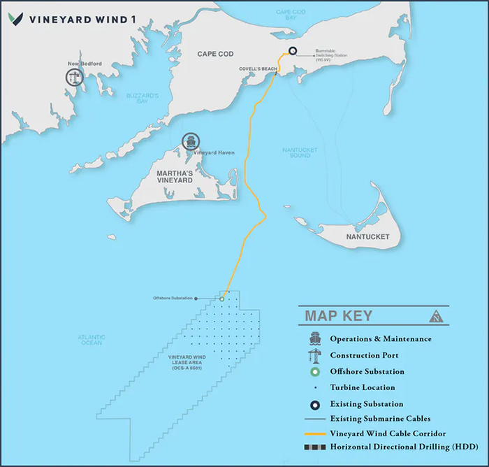 map showing location of wind farm south of marthas vineyard