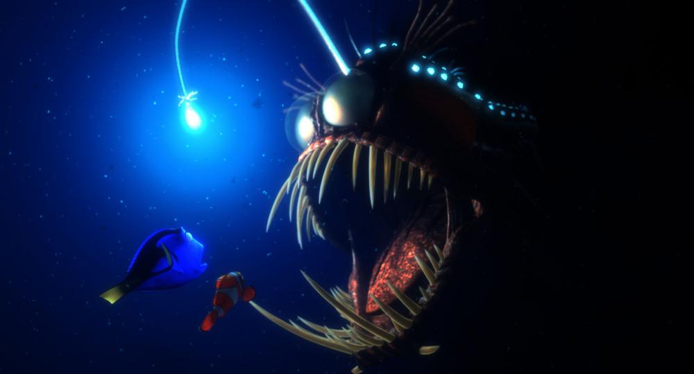 Dory and Marlin encounter a hungry anglerfish in film, Finding Nemo. (Pixar Animation Studios)