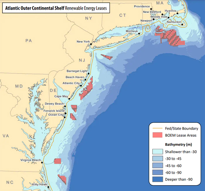 map showing wind farm leases off north east coast of the US