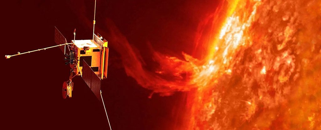 An artist’s impression of the Solar Orbiter observing an eruption on the sun. 