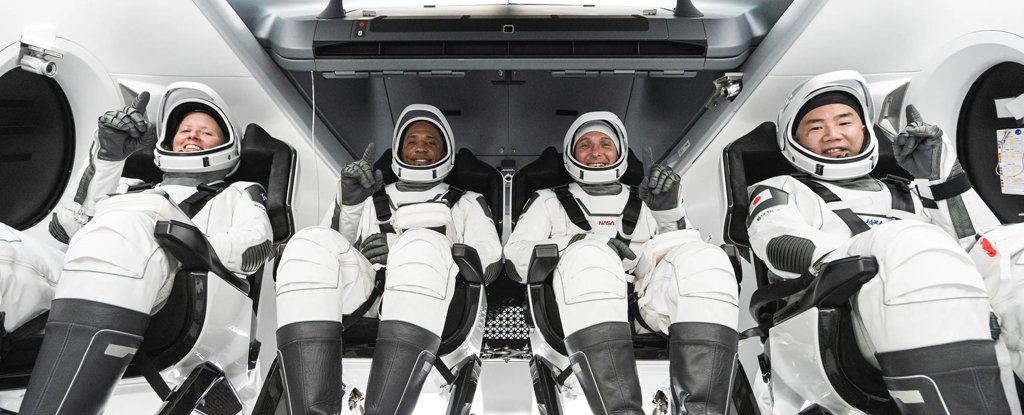 Astronauts Shannon Walker, Victor Glover, Mike Hopkins and Soichi Noguchi in the Crew Dragon. 