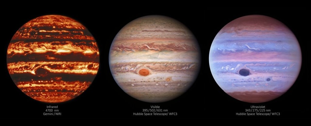 Incredible Images Reveal a Single Moment on Jupiter in Different Wavelengths of Light - ScienceAlert